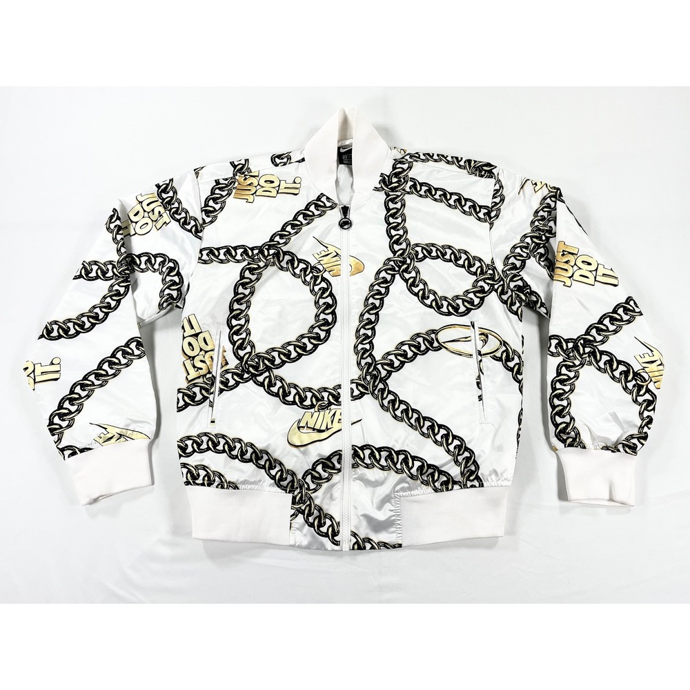 Nike Sportswear Icon Clash Women XS Bomber Jacket White Gold Chain Print CI9996